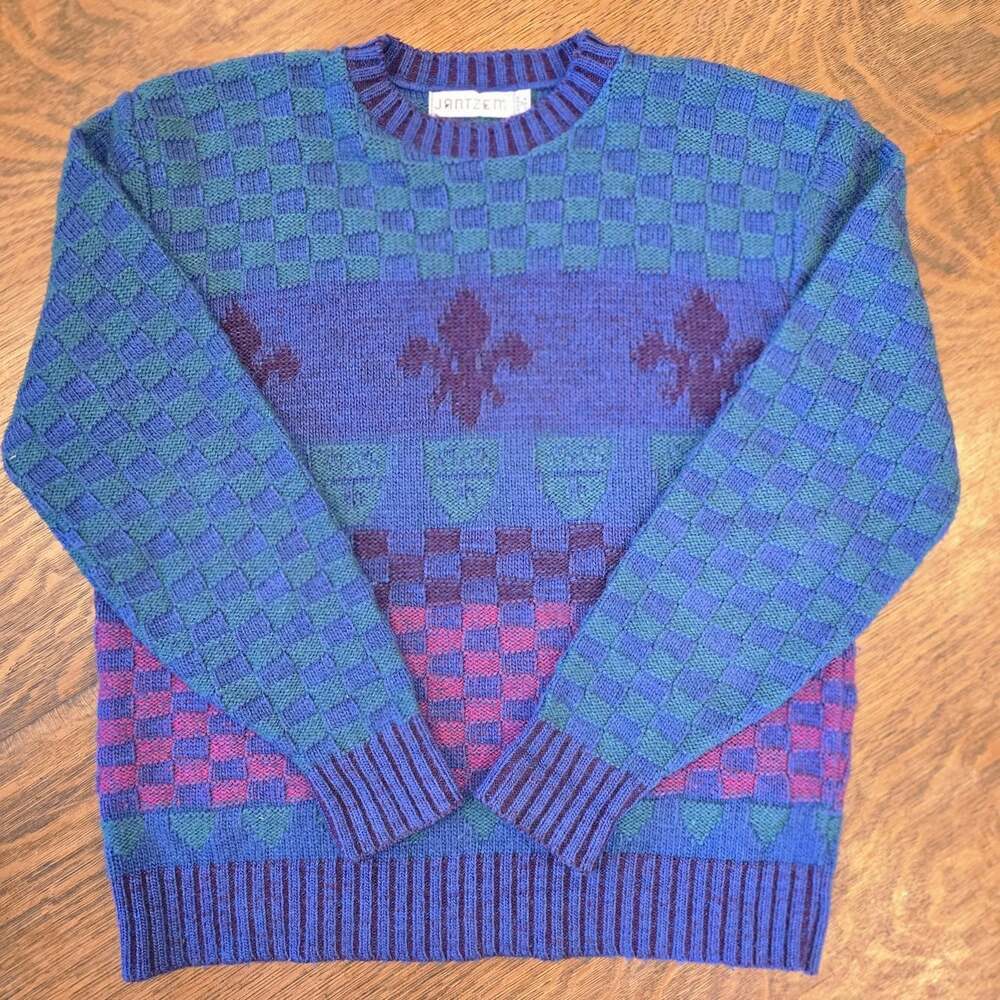 Vintage 80s Jantzen Wool Blend Sweater Blue Green Purple Fleur-de-Lis Knit Sz. M
